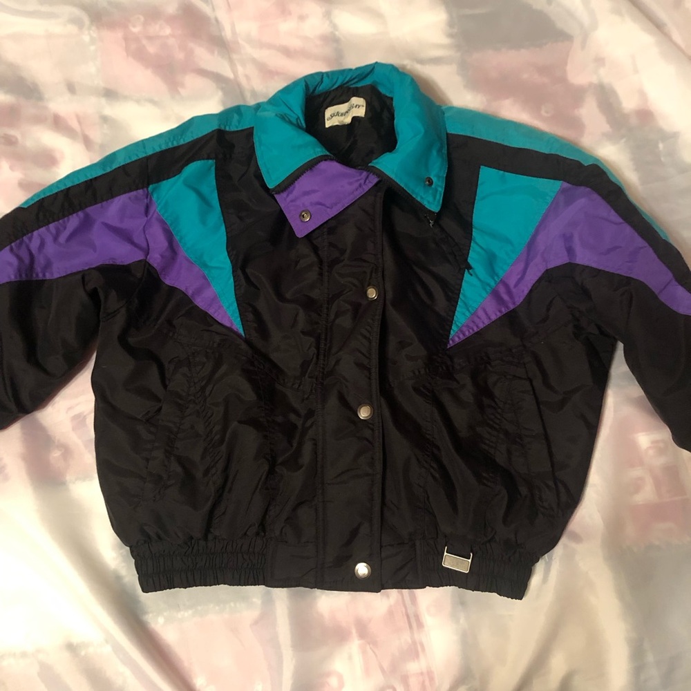 Vintage retro style Jacket,women’s L , Black with Teal and purple Accents